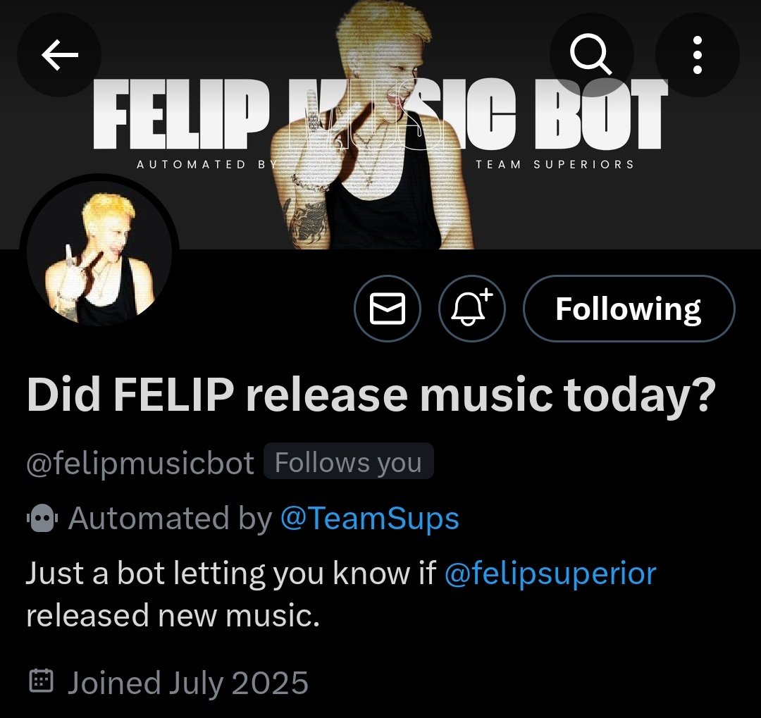 team_superiors's tweet image. We cooked up a little something 👀

Always checking if @felipsuperior dropped something new? Let our bot do the stalking for you. 🔥

Follow @felipmusicbot -- it answers one question: "Did #FELIP release music today?" If not, it'll remind you to stream what already hits ✨️