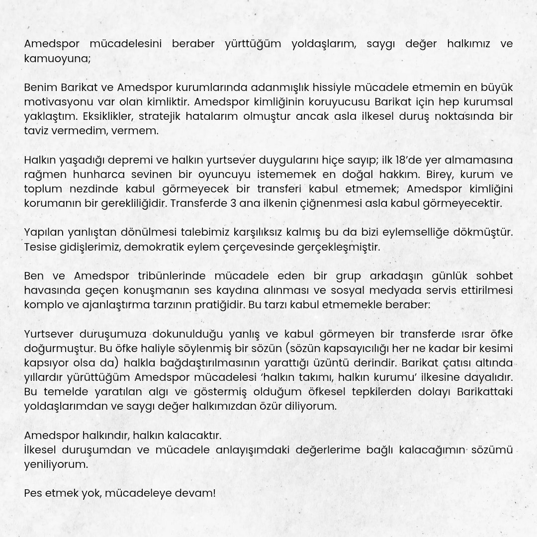 "Amedspor mücadelesini beraber yürüttüğüm yoldaşlarım, saygı değer halkımız ve kamuoyuna;"
⤵️