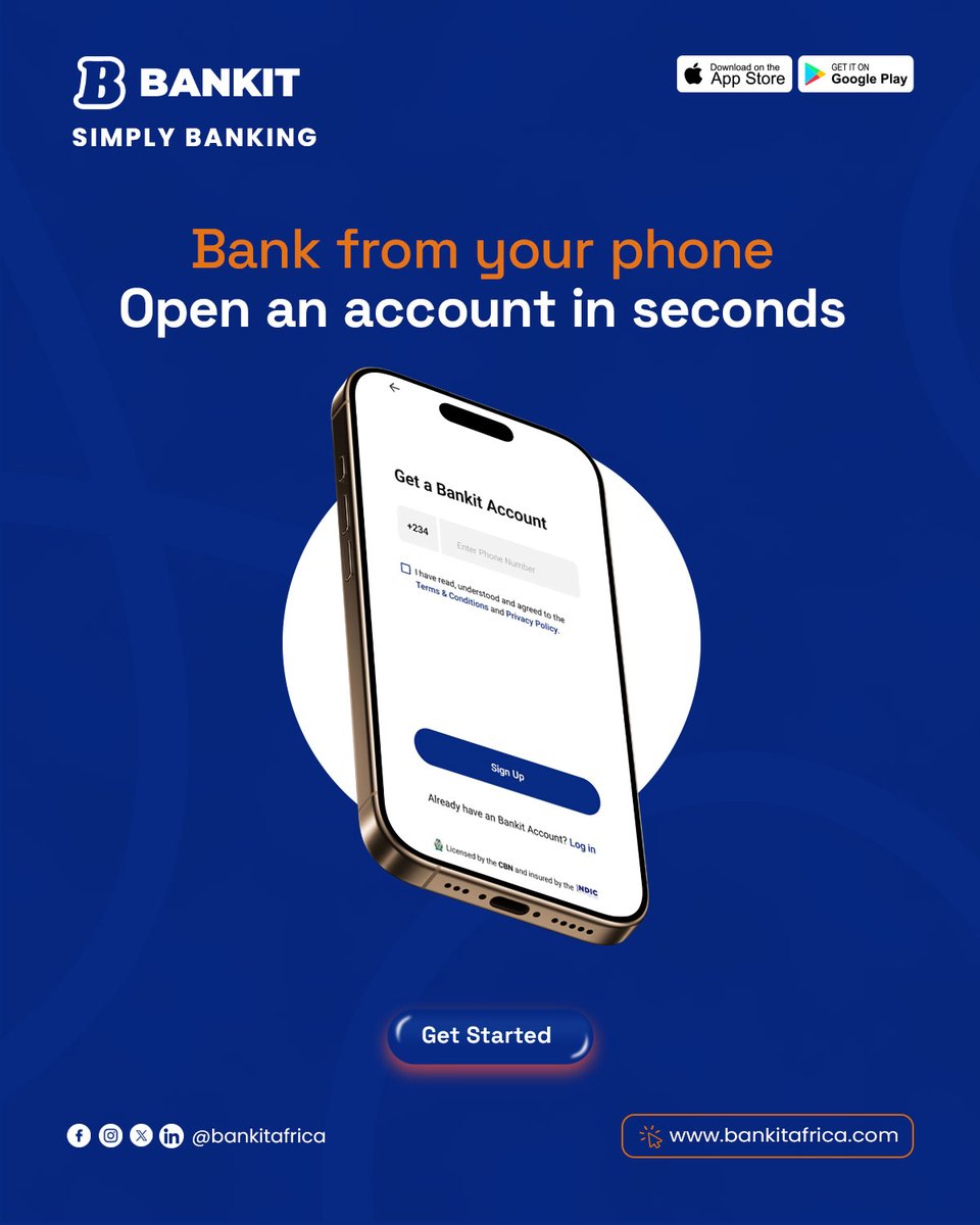 BankitAfrica's tweet image. With Bankit, opening a bank account takes just seconds, right from your phone!

Click the link in bio to get started.

#BankitAfrica #SimplyBanking #OpenAnAccount #DigitalBanking #InstantBanking #NigeriaFintech #NoExcusesJustBankit