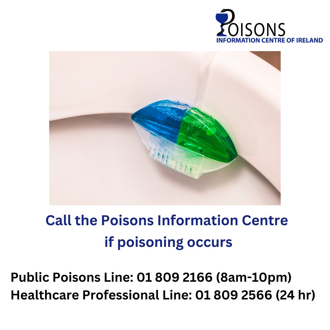 IrelandNpic's tweet image. Toilet blocks/fresheners are typically placed in the rim/bowl & contain ingredients such as disinfectants, detergents, bleach, pine oil that may cause GI/ocular/dermal irritation and other features. If accidental poisoning occurs, call @IrelandNpic for prompt advice.