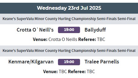 The draw for the Keane's SuperValu <a href="/Kerry_Official/">Kerry GAA</a>  GAA minor championship semi-final took place yesterday evening and Parnells will play Kenmare/Kilgarvan away on Wednesday 23rd of July.