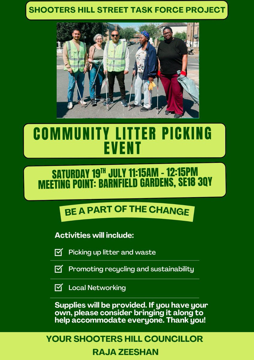 RajaZeeshan83's tweet image. Join us this Saturday for a community litter picking session! 🌿✨
Let’s come together to help clean up Shooters Hill and make our neighbourhood shine.
Meeting point: Barnfield Gardens, SE18 3QH
🕥 Date & Time:Saturday 19th July at 11:15 AM
#CommunitySpirit
#ShootersHillCleanUp