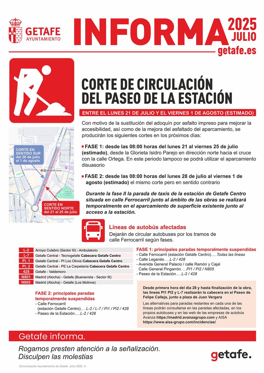 aytogetafe's tweet image. ‼️Corte de circulación del Paseo de la Estación del lunes 21 de julio al 1 de agosto.
🚌 Consulta toda la información y las líneas de autobús afectadas: getafe.es/wp-content/upl…