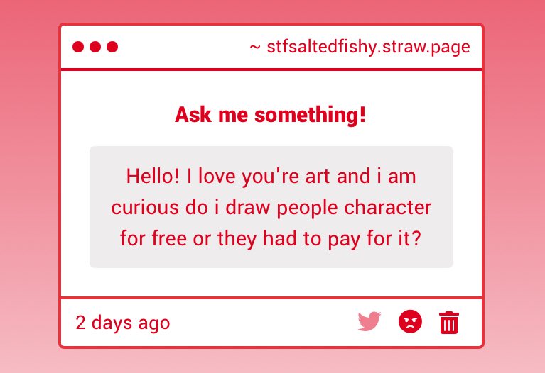 stf0saltedfish's tweet image. Thanks!! And about this question, I think it depends. if it is free, it might be a drawing request or art trade, if it is they pay for it, maybe u r opened commission, people need to pay you to draw their character