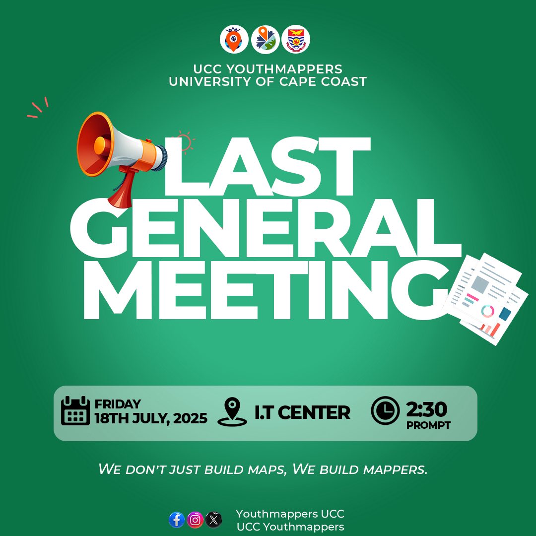 YouthmappersUCC's tweet image. 📍🌍📍🪐📍🗺️📍🌍
The very end of the semester is almost here and 📢 It’s a wrap!
Join us for the Last General Meeting of the semester!
Let’s reflect, reconnect, and wrap things up in style.🎯
#MappingTheFuture
#UCCYouthMappers🌍
#WeDontJustBuildMapsWeBuildMappers😮💨❤️🗺️