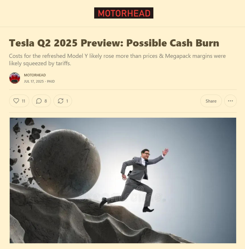 BradMunchen's tweet image. With generous estimates, Tesla's Q2 2025 EPS should be $0.35 or 20% below the Street's $0.44 (see details & earnings estimates in Figure 5).
Musk is running out of runway for pumps on robotaxis & humanoid bots.
Watch for egregious fraud.
$TSLA
open.substack.com/pub/bradmunche…
