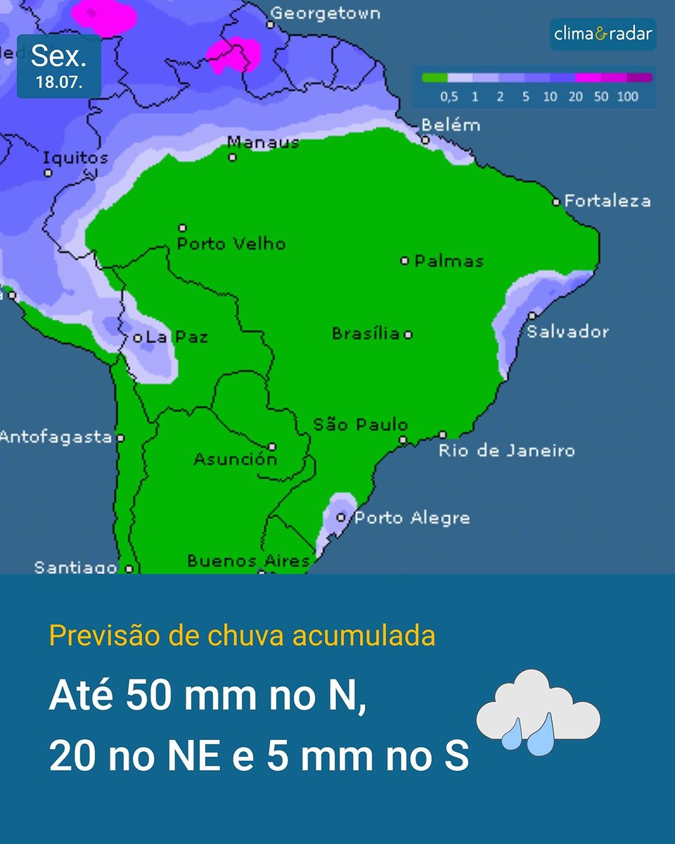 climaeradar's tweet photo. Confira o #mapa mais atualizado com a previsão simplificada dos acumulados de #chuva (mm) desta sexta-feira, dia 18 de agosto de 2025. ☔
Previsão do tempo Brasil
https://t.co/lF6FaWhIvM 🙌
#RadarClima #brasil https://t.co/oP2SOBJ9mH