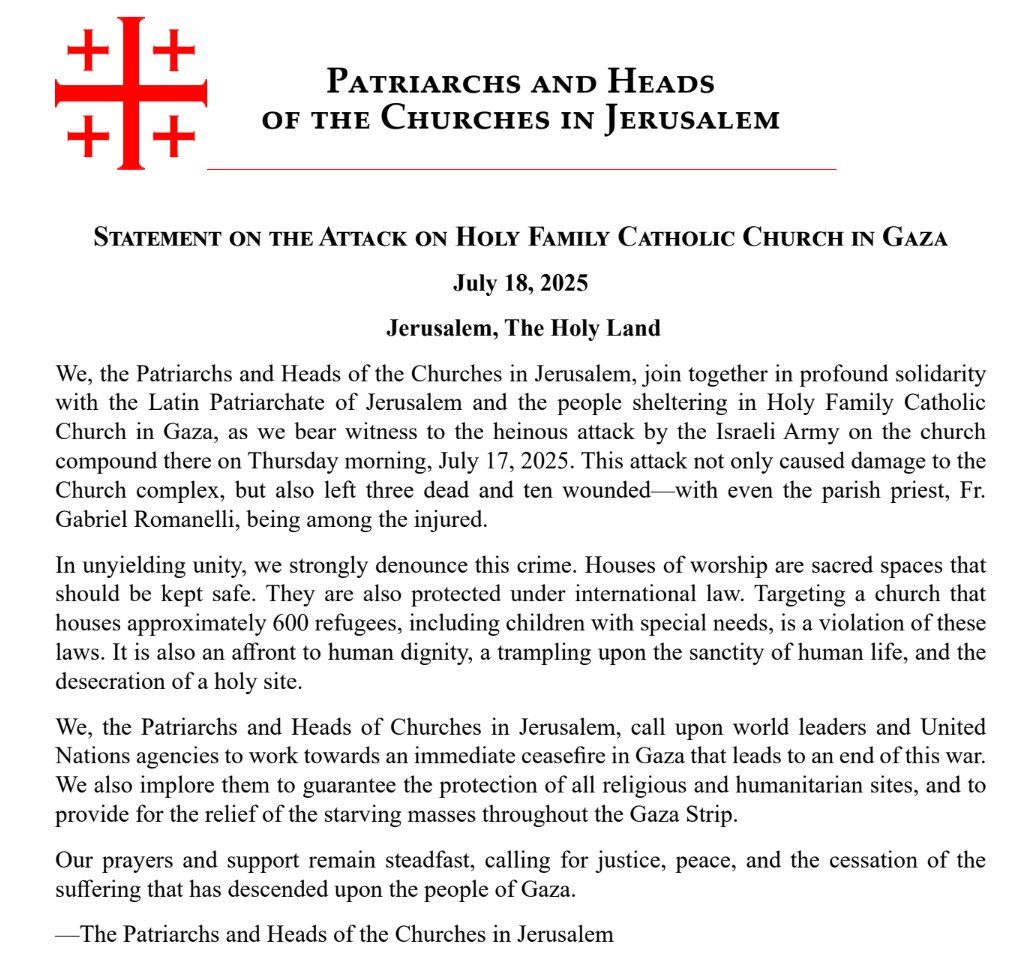 Nos unimos desde <a href="/AyudaIglesNeces/">Ayuda a la Iglesia Necesitada</a> al Patriarcado Latino  y los Jefes de las Iglesias en Jerusalén tras el ataque ayer a la parroquia de Gaza, en su exigencia de búsqueda de   <Justicia, Paz y cese del sufrimiento que se ha abatido sobre el pueblo de Gaza>.