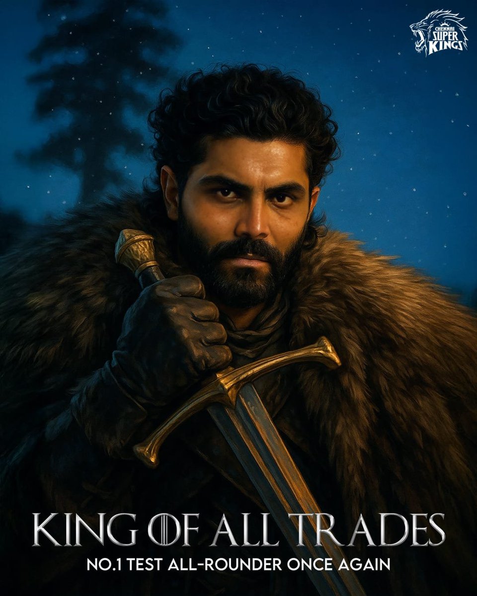 CricInformer's tweet photo. KING OF ALL TRADES 👑⚔️
Sir Jadeja reigns supreme — No.1 Test All-Rounder once again!
🔥 Edit by Chennai Super Kings
#SirJadeja #TestKing #CSK #bcci #ipl #yellowarmy #MSDhoni𓃵
📸CSK https://t.co/it8VrQ8fR1