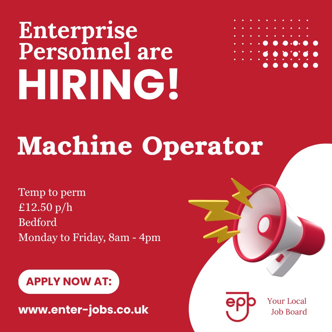 EnterJobs's tweet photo. Enterprise Personnel's client in Bedford is seeking a Machine Operator.
Apply now via our website! 

#machineoperator #machineoperatorjobs #machineoperation #machineprogramming #machineminding #machineminder #manufacturingjobs #ManufacturingCareers #bedford #bedfordshire https://t.co/o8aIhTCQSE
