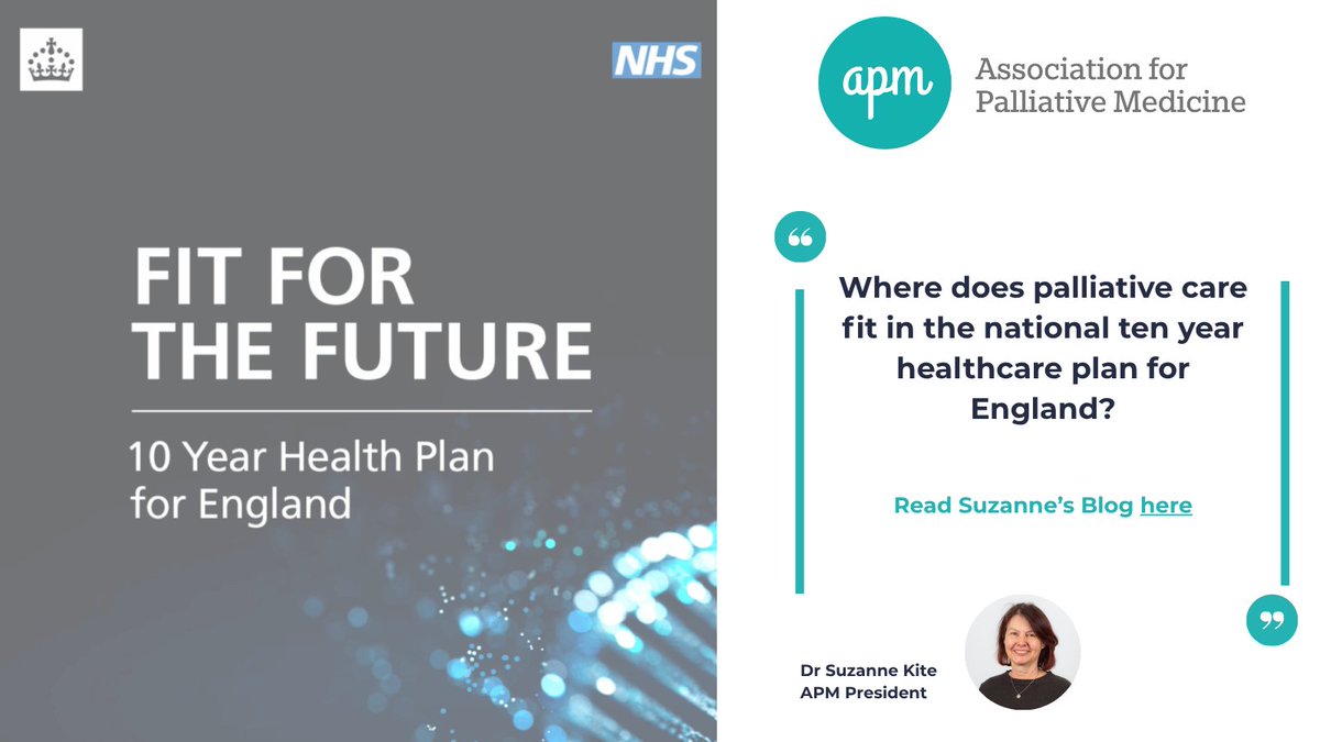 APMPostTweets's tweet image. 🖊️'Where does palliative care fit in the national ten year healthcare plan for England?' 💭
Read APM President, Dr Suzanne Kite's thoughts here: shorturl.at/gipkJ