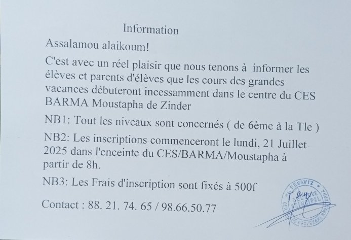 MahamadouBrah67's tweet image. Parents et élèves, ne manquez pas cette belle opportunité pour renforcer les acquis scolaires. Inscriptions dès le 21 juillet à partir de 8h.
Tous les niveaux sont concernés.

#Zinder #CoursDeVacances #Éducation #Niger #CESBARMA