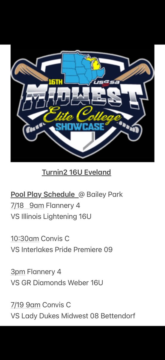 So excited to get back on the field! Here is our schedule in Battle Creek, Michigan this weekend. Coaches come check us out!