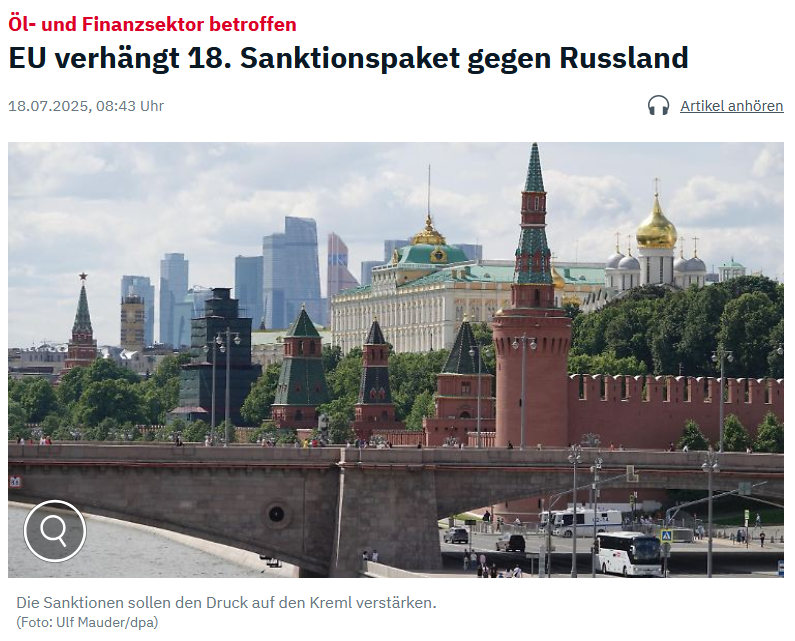 Ein wahnhaftes Sanktionspaket nach dem anderen: Durch das 18. Sanktionspaket soll unter anderem auch eine denkbare Wiederinbetriebnahme der Gaspipeline Nord Stream 1 und eine Nutzung der Pipeline Nord Stream 2 ausgeschlossen werden. Also ist es eigentlich eine Sanktion gegen