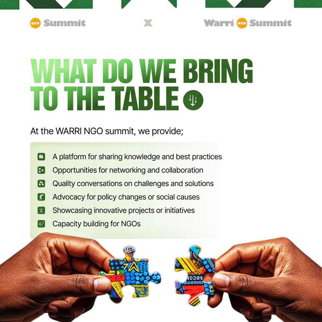 *What Do We Bring To The Table?*

We bring ideas that spark up change
We bring solutions born from live experiences
We bring more than good intentions—we bring strategy, action, systems and result.

The *WARRI NGO SUMMIT* is where we sharpen our edges and change everything.