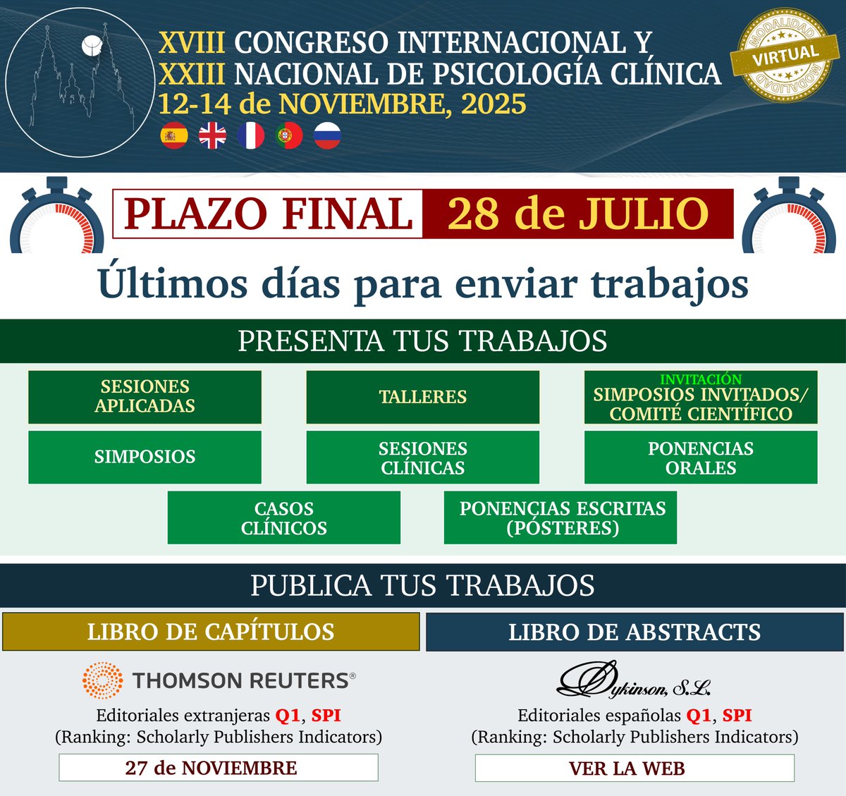 AEPCPsychology's tweet photo. Last days to submit works and publish

Presentation of Work https://t.co/Vc7tYmQ0kr
Deadline: July 28, 2025

Book of Chapters https://t.co/KtKI95OsYz
Deadline: November 27

Book of Abstracts https://t.co/mqQdbKqs1l
Deadline: See website https://t.co/So58RwmEJA