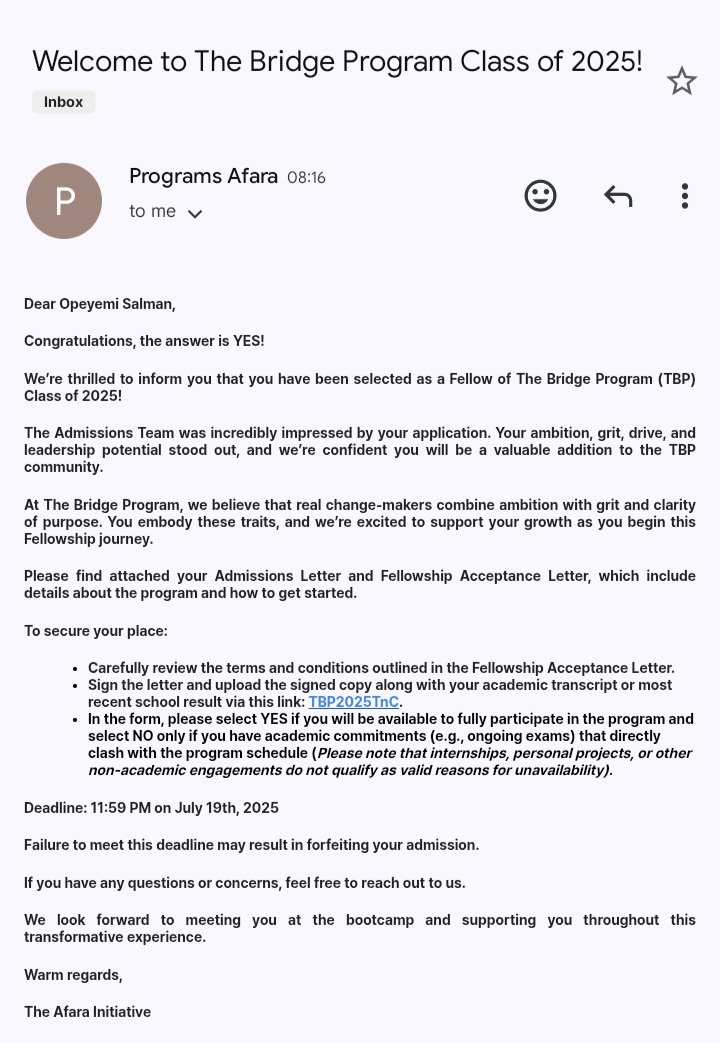 SALMAN (@salmanopeyemi11) on Twitter photo From rejection to redirection, I am beyond excited to share that I have been selected as a Bridge Fellow for The Bridge Program 2025 by <a href="/afarainitiative/">The Afara Initiative</a> 🌉✨
@jvhvvgg
Exactly one year ago, I received a rejection mail for The Bridge Program 2024... From rejection to redirection, I am beyond excited to share that I have been selected as a Bridge Fellow for The Bridge Program 2025 by <a href="/afarainitiative/">The Afara Initiative</a> 🌉✨
@jvhvvgg
Exactly one year ago, I received a rejection mail for The Bridge Program 2024...