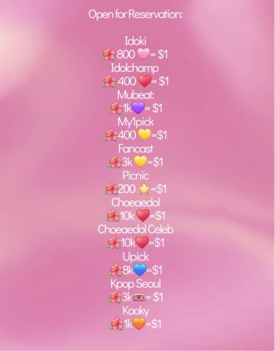 KPpVtShop's tweet image. Wts/Lfb/Open for reservation:

🌺Idoki
🌺Idolchamp
🌺Mubeat
🌺My1pick
🌺Fancast
🌺Picnic
🌺Choeaedol
🌺Choeaedol Celeb
🌺Upick
🌺Kpop Seoul 
🌺Kooky

✉️DM to avail or inquire
MOP: Gcash/ Paypal