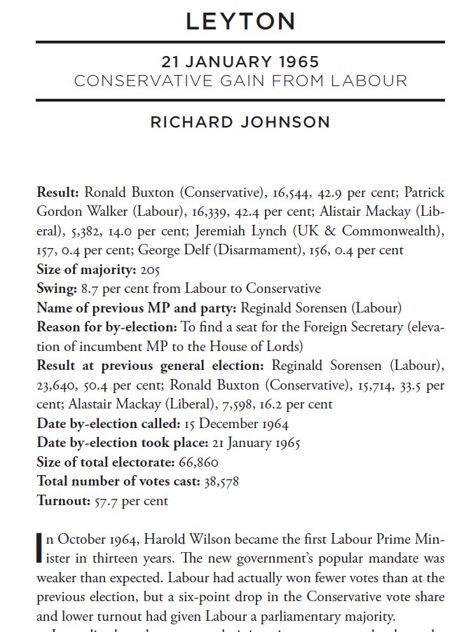 richardmarcj's tweet image. Always fun to receive proofs! @IainDale's forthcoming book on by-elections
I wrote on the 1965 Leyton by-election.
The 1st of Harold Wilson's 1st government. An embarassing defeat for Labour, which took down the Foreign Secretary.
Winter pension freeze & immigration top issues