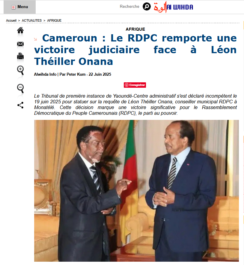 jtchoufang's tweet photo. @Benebeno @Leo14sama @isiskemett @jeune_afrique @actucameroun @Koaci @JDC_Fr @MimiMefoInfo [UPDATE]
Voici une info essentielle, qui n'avait pas été épinglée.
C'est la décision d'incompétence du tribunal administratif de Yaoundé prononcée le 19/06/2025, dans le cadre de la plainte du sieur Theiller #ONANA.
Cet article de @alwihdainfo  en parle
https://t.co/f2kZQwHiMg https://t.co/S9IC7YLAy0