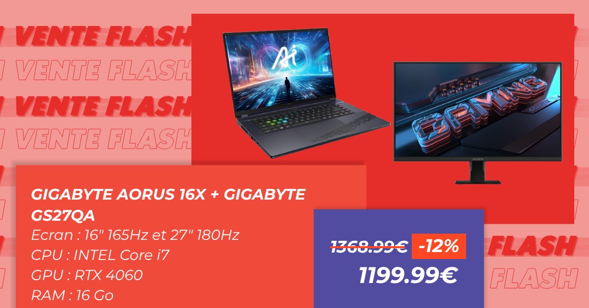 ⚡️ VENTE FLASH ⚡️

 AORUS 16X + écran 27" GIGABYTE
Un bundle taillé pour jouer vite, bien, et en grand.

🎮 Et à ce prix, vous n’aurez pas deux fois l’occasion…
🔗bit.ly/Bundle-Gigabyte

#VenteFlash #SoldesGaming #Gigabyte