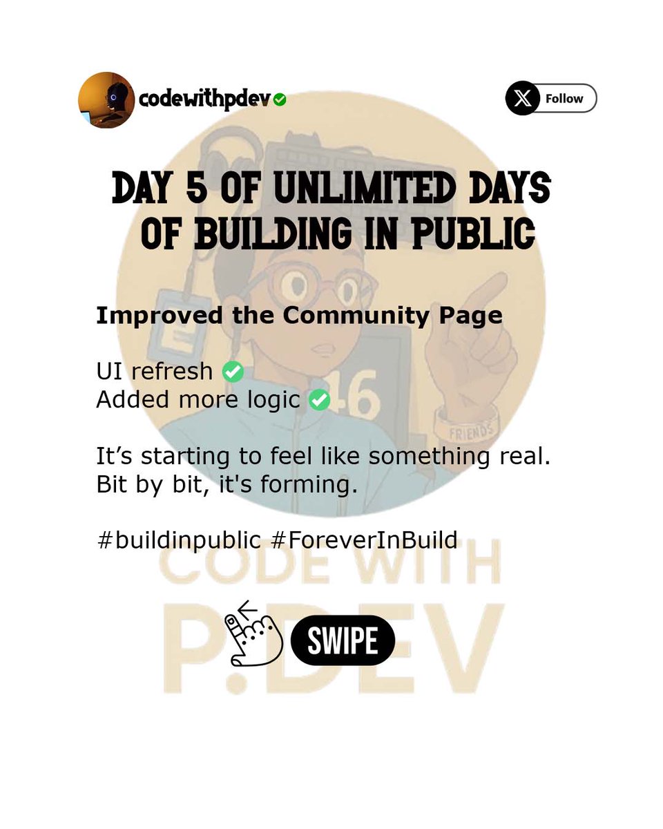 codewithpdev's tweet image. Day 5 of Building HubPost community👥 🚀

🛠️ Improved the community page UI

🏷️ Posts now clearly show their community name

🌍 Added a global search API for communities

One step at a time. Progress is progress 💪

#HubPostCommunity #BuildInPublic #Day5 #StartupJourney #unilag