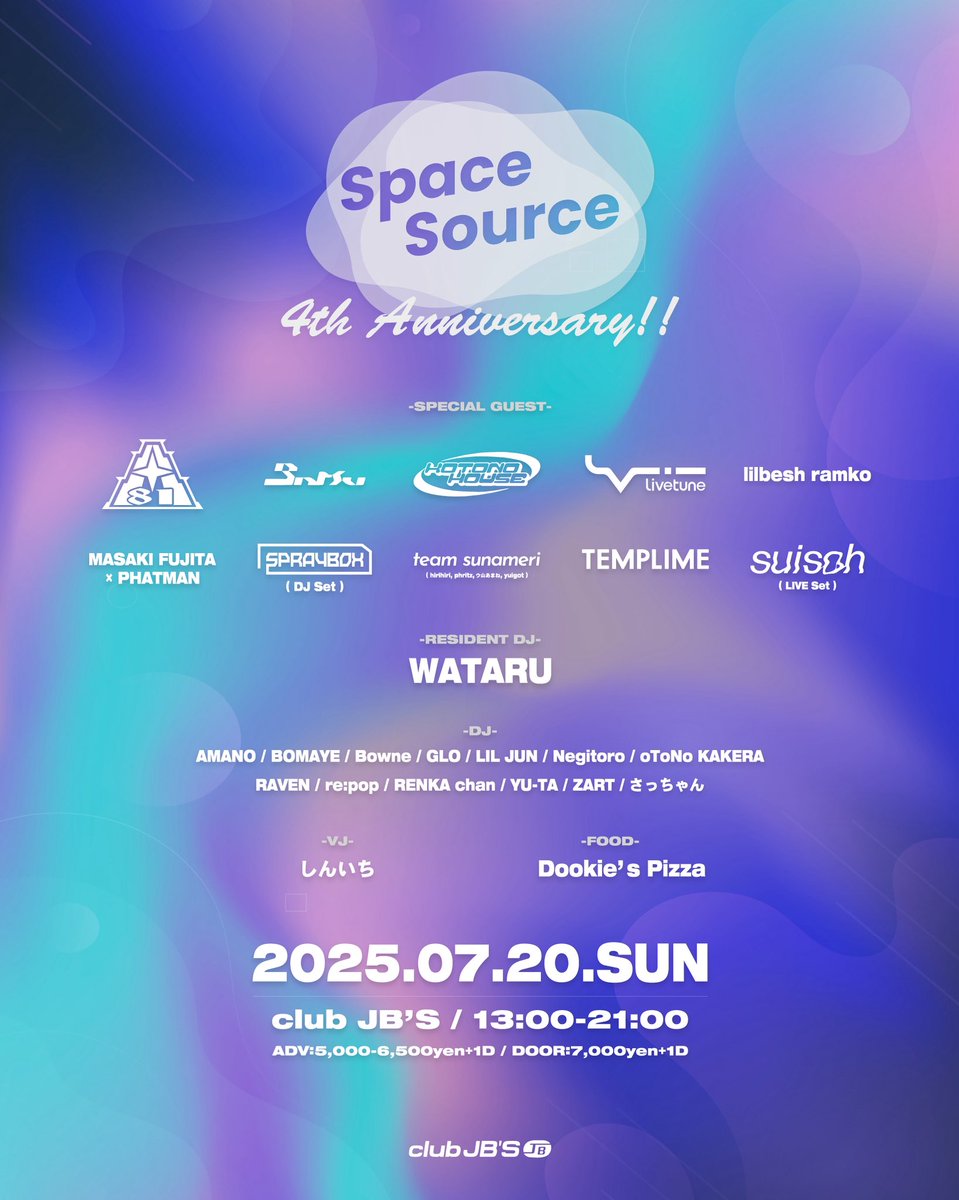 📢 タイムテーブル公開 📢

🗓️ 2025.07.20 ㈰ 13:00- <a href="/clubjbs/">CLUB JB'S Nagoya, Jp</a> 
『 𝐒𝐩𝐚𝐜𝐞 𝐒𝐨𝐮𝐫𝐜𝐞 』 𝟒𝒕𝒉 𝑨𝒏𝒏𝒊𝒗𝒆𝒓𝒔𝒂𝒓𝒚!!

✸ #スペソー 4周年タイムテーブル公開⌚️
是非オープンからご来場ください！！！！

🎟️ TICKET : ss-4thanniversary.peatix.com/view
⚠️ 前売りの残数が極僅かになっています。