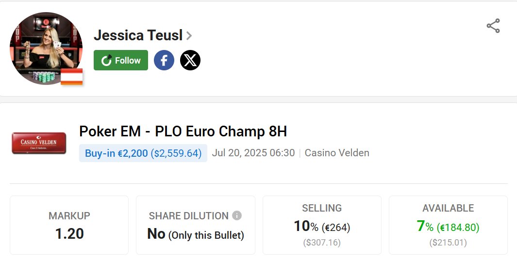 PokerStake (@pokerstakecom) on Twitter photo 🔥 <a href="/JessicaTeusl/">Jessica Teusl</a> keeps raising the bar at European circuits! With multiple deep runs 2025, Jessica’s aggressive style & tournament instincts have made her one of the most feared players. Back Jessica in Poker EM - PLO Euro Champ 8H!
pokerstake.com/staking/poker-…
#StakeYourChampion 🔥 <a href="/JessicaTeusl/">Jessica Teusl</a> keeps raising the bar at European circuits! With multiple deep runs 2025, Jessica’s aggressive style & tournament instincts have made her one of the most feared players. Back Jessica in Poker EM - PLO Euro Champ 8H!
pokerstake.com/staking/poker-…
#StakeYourChampion
