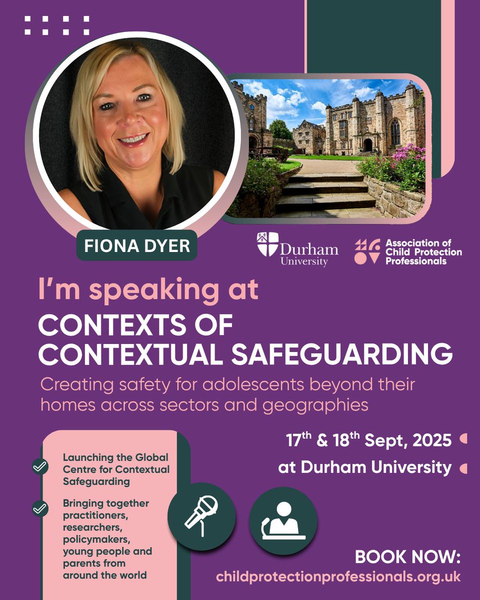 CYCJScotland's tweet image. Director @fifidyer is speaking at Contexts of Contextual Safeguarding: Creating safety for adolescents beyond their homes across sectors and geographies - at Durham University. Fiona will be bringing her expertise and knowledge to Day 2 plenary session on Reimagining the…