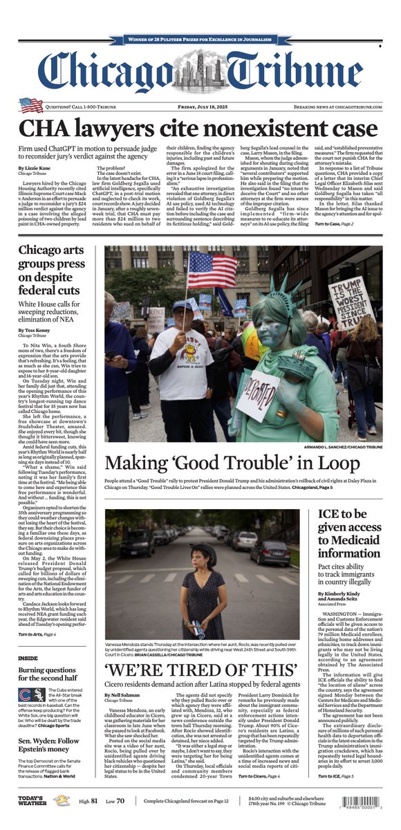 The front page of today's Chicago Tribune. Read the e-edition here: chicagotribune.com/enewspaper