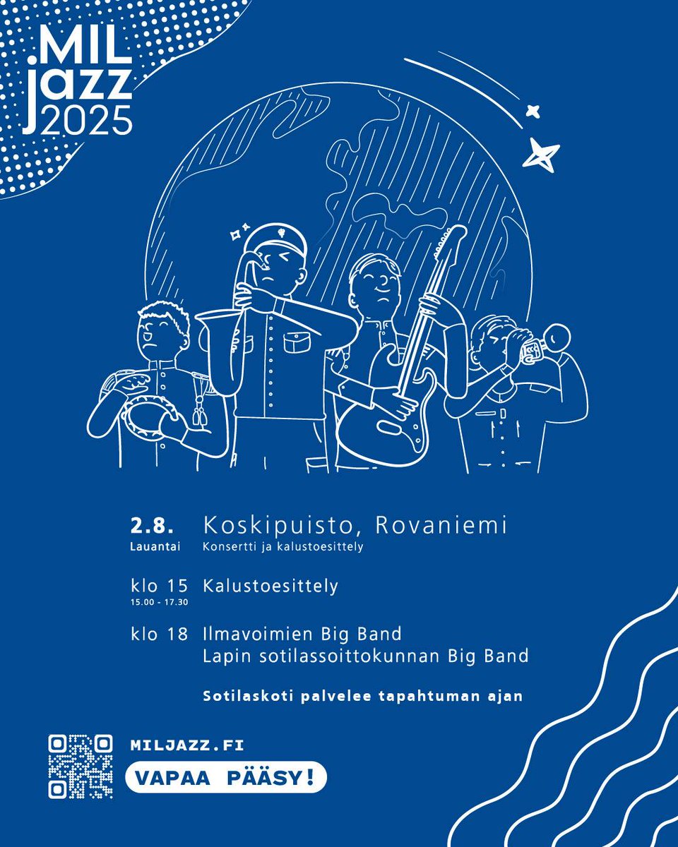 JaakariPR's tweet image. Puolustusvoimien energinen MILjazz-kiertue saapuu lauantaina 2.8.2025 Rovaniemelle Koskipuistoon! 🎶🎷
#jääkäriprikaati #maavoimat #MILjazz #rovaniemi #sotilasmusiikki
maavoimat.fi/-/miljazz-2025…