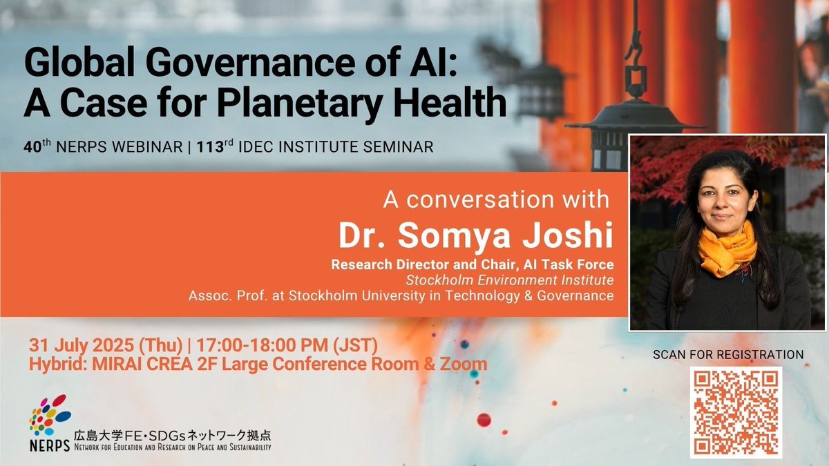 🤖 Join Dr. Somya Joshi for the 40th #NERPS #Webinar on AI as a Global Commons. Explore a bold framework to govern AI across security, society &amp; sustainability.

📅 July 31 | 📍HYBRID (Mirai Crea 2F &amp; Zoom)
🔗 Register: buff.ly/dAv7au7
More: buff.ly/y5EsxoR