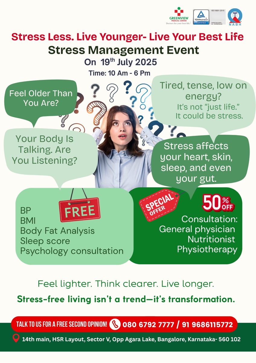 GreenviewAshok's tweet photo. Stress Less. Live Younger. Live Your Best Life.

What if the secret to feeling better, thinking clearer, and looking younger… isn’t in a pill, but in a calmer mind?

 Call- 9686115772 or 080 6792 7777.

#StressLessLiveYounger #GreenviewWellness #LiveYourBestLife #MindBodyHealth https://t.co/8mydA9z4Be