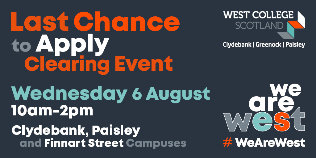 🎓 Last Chance to Apply!
Still thinking about college? There’s still time to secure your place for this year!

📅 Wednesday 6th August
🕙 10am – 2pm
📍 Greenock Finnart St | Paisley | Clydebank Campuses

No need to register – just drop in!
Whether you’re leaving school, changing