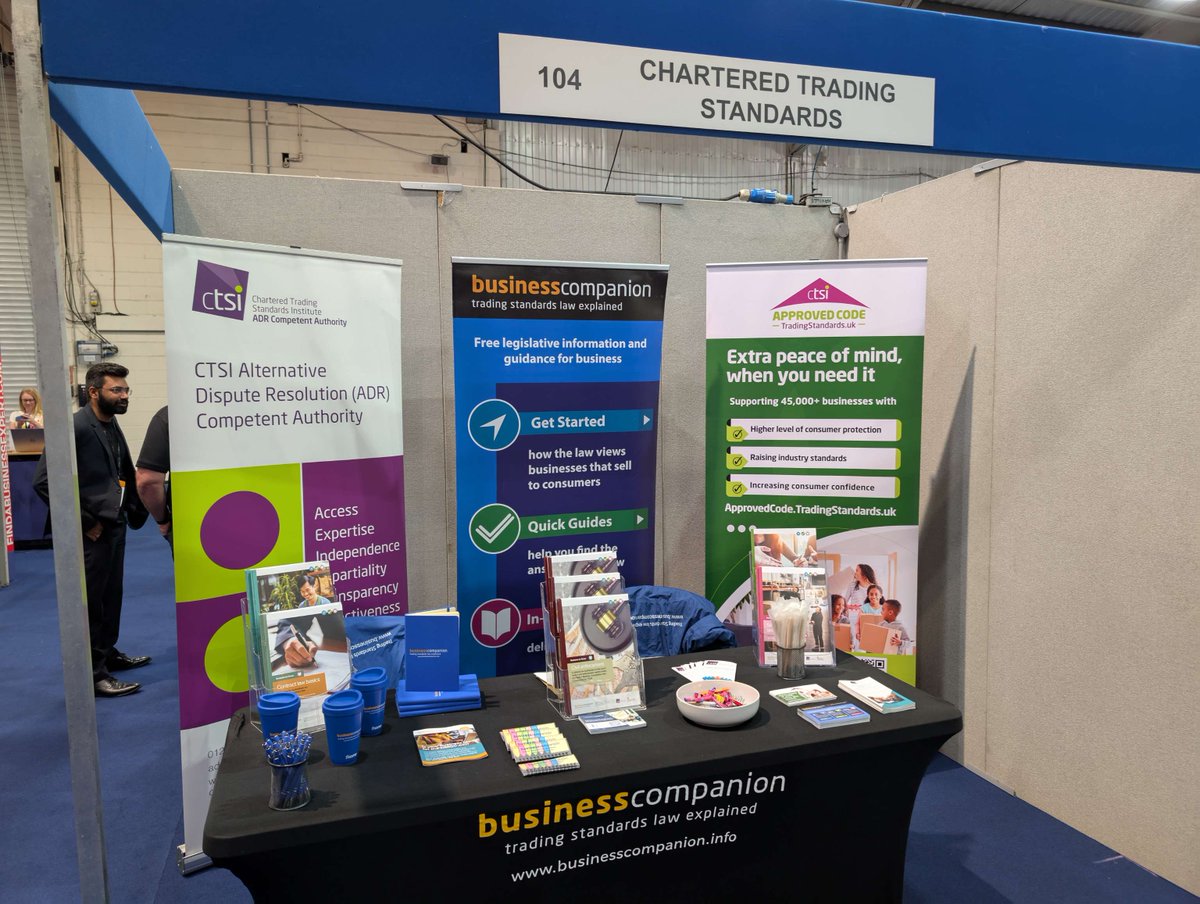 CTSI_UK's tweet image. We are exhibiting at the West Country Business Show today!
Find us on stand 104, where we are showcasing Business Companion, The Approved Code Scheme and ADR.
#Expo #BusinessCompanion #ApprovedCodeScheme #ADR #TradingStandards