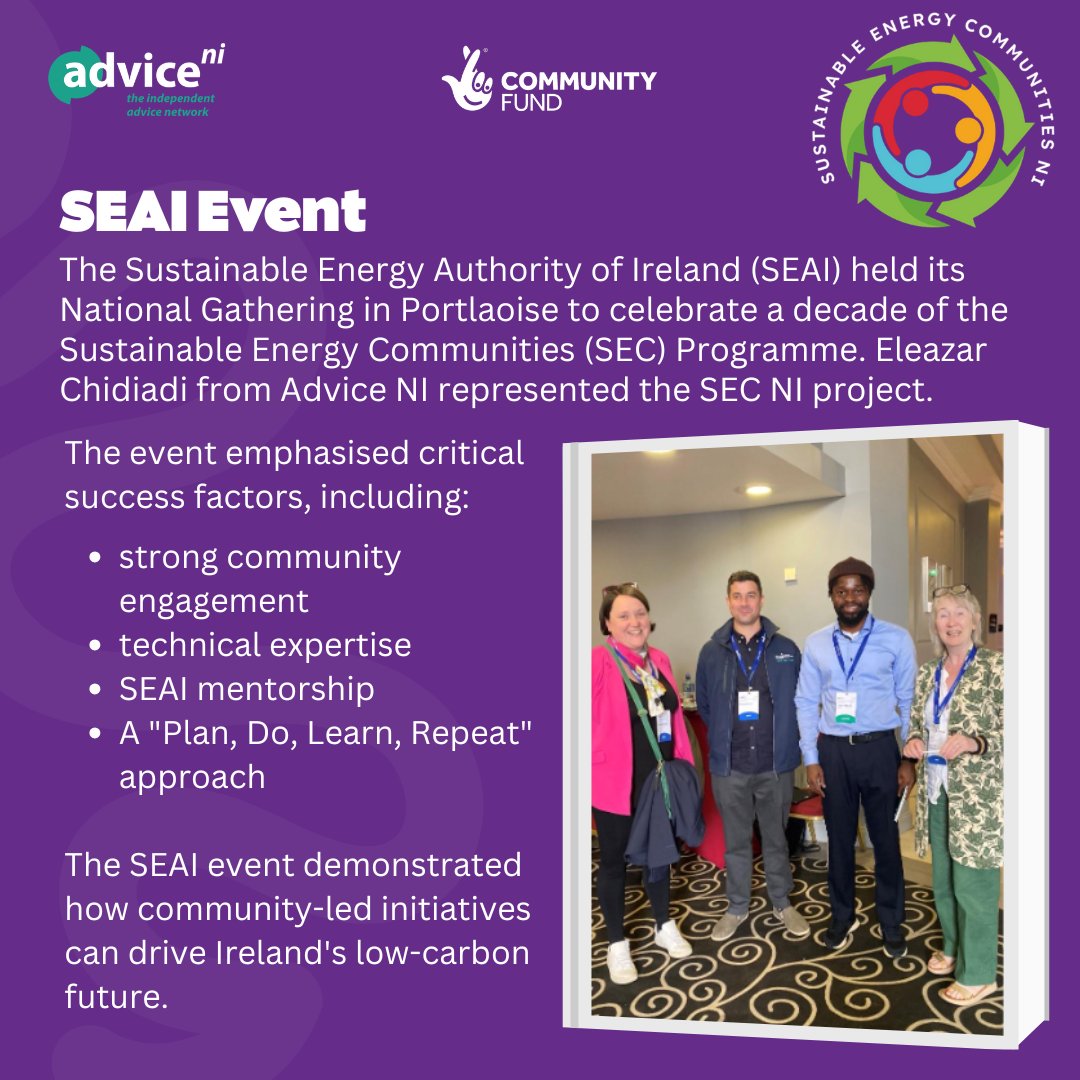 AdviceNI's tweet image. May–June #SustainableEnergyCommunities NI update. Our SEC team &amp;amp; partners have been hard at work!
🔹 School visits with @drumlins (BREESI)
🔹 Study tour to ATU Sligo
🔹 Celebrating 10 years of SEC at @SEAI_ie’s National Gathering
More updates coming soon! #ClimateAction #SEC