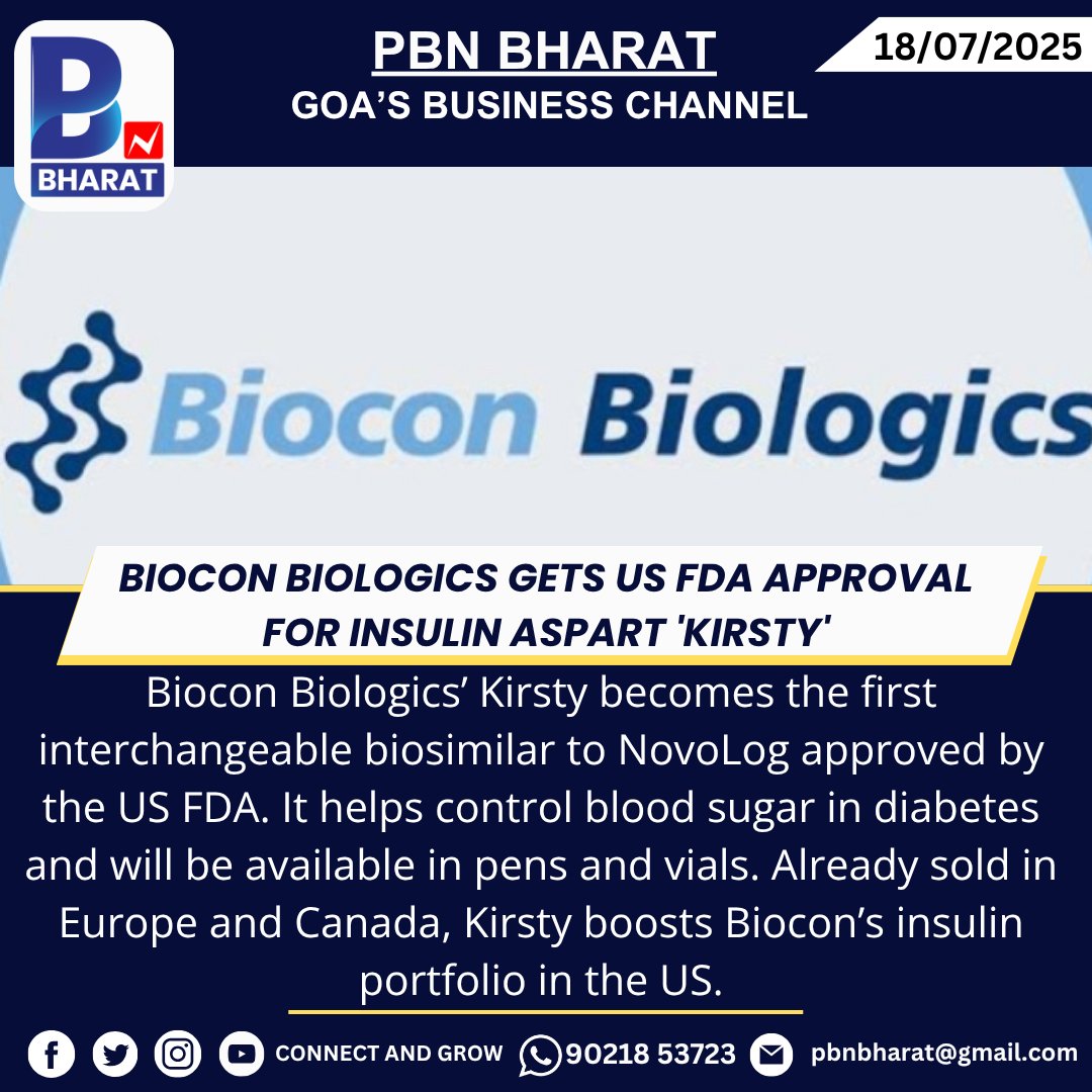 PBNBHARAT's tweet image. Biocon Biologics Gets US FDA Approval for Insulin Aspart &apos;Kirsty&apos;
#BioconBiologics #Kirsty #FDAApproval #InsulinBiosimilar #DiabetesCare #AffordableInsulin #Biosimilars #NovoLogAlternative
