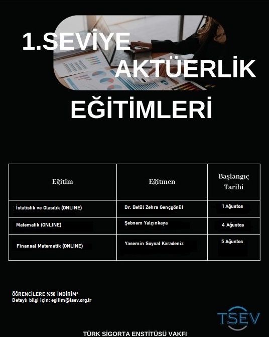 1.Seviye Aktüerlik Eğitimleri Ağustos’ta başlıyor!

Eğitime kayıt için ve tüm aktüerlik eğitimlerini aşağıda ilettiğimiz linkten inceleyebilirsiniz.

Detaylı bilgi ve kayıt için tıklayın: l24.im/NrqEzZa