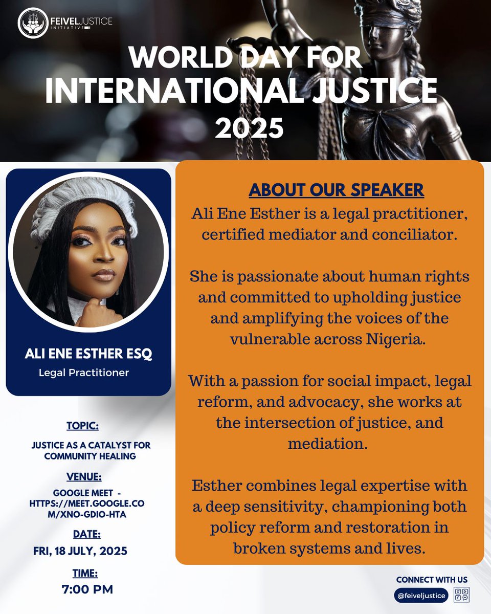 FeivelJustice's tweet photo. MEET OUR SPEAKER. World Day for International Justice 2025 – Day 1
Introducing Ali Ene Esther Esq, a dedicated legal practitioner and advocate for inclusive justice systems. Her work bridges law, advocacy, and community engagement, and she’s bringing that passion to our webinar. https://t.co/cO30UFgf4u