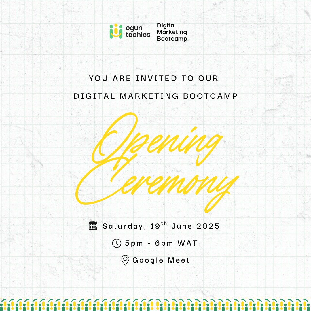 OgunTechies's tweet image. We’re kicking off our Digital Marketing Bootcamp tomorrow! 🚀
It’s going to be an exciting two-month learning experience filled with hands-on sessions, great conversations, and expert mentorship in all things digital marketing.
Cheers to the amazing cohort getting started with…