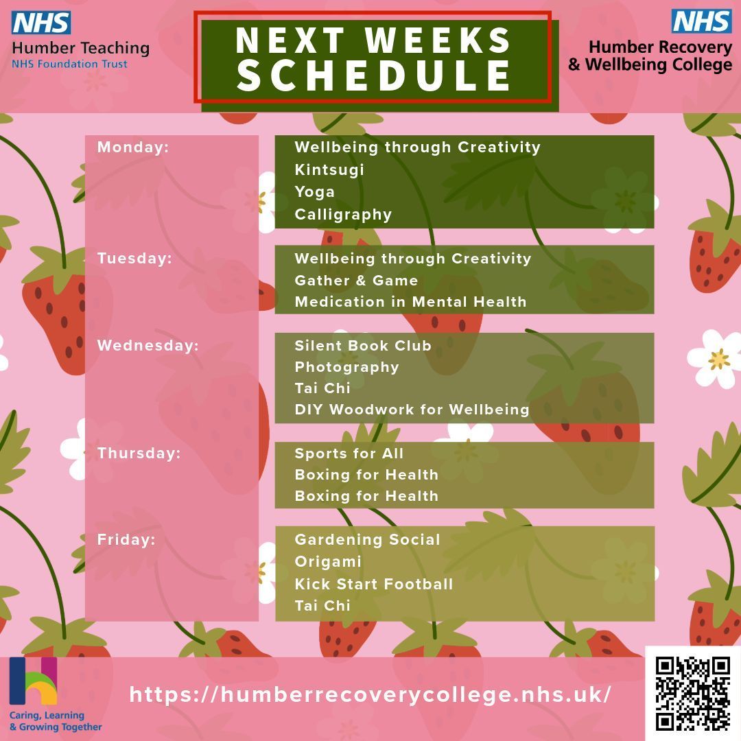 We've got a great selection of sessions on next week!

To avoid disappointment, make sure to register for all the sessions you want to attend - you can do this for free via our website: humberrecoverycollege.nhs.uk

#RecoveryAndWellbeingCollege #WhatsOnHull #WhatsOnBridlington