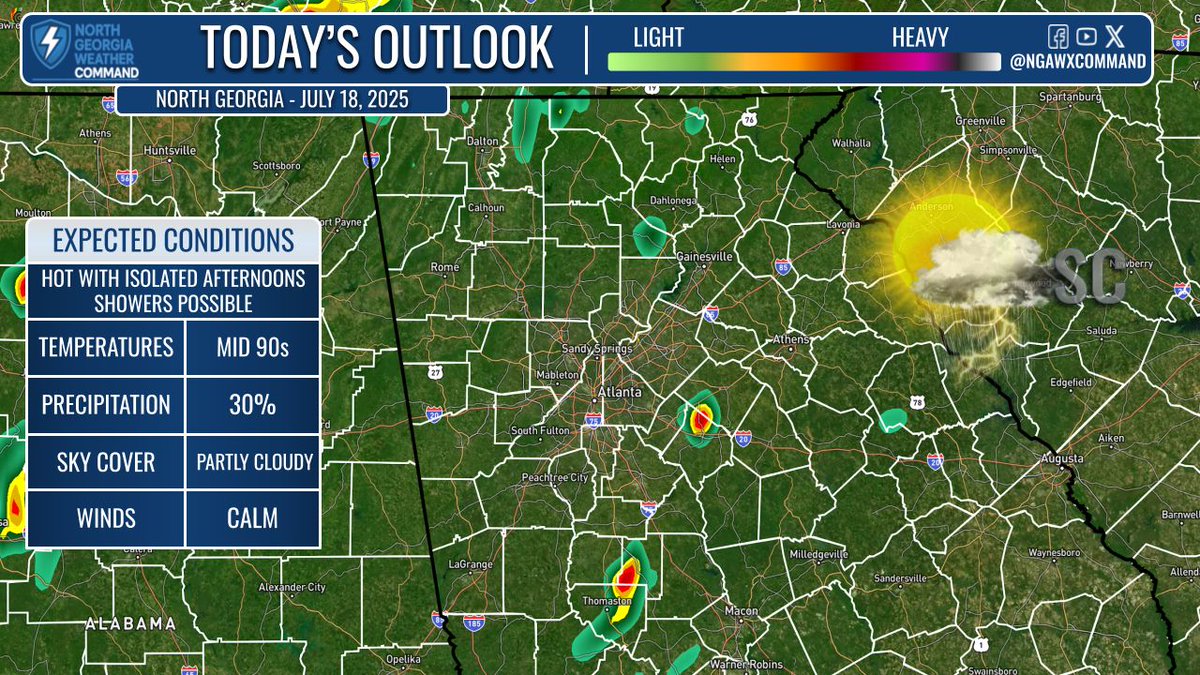 NGAWXCommand's tweet image. CRANKING UP THE HEAT:
Highs in the 90s and ample moisture thanks to a high pressure will keep feels like temps near advisory level and probably at advisory criteria by the end of the weekend. Isolated showers through the weekend and better rain chances on Monday. #gawx #Atlanta