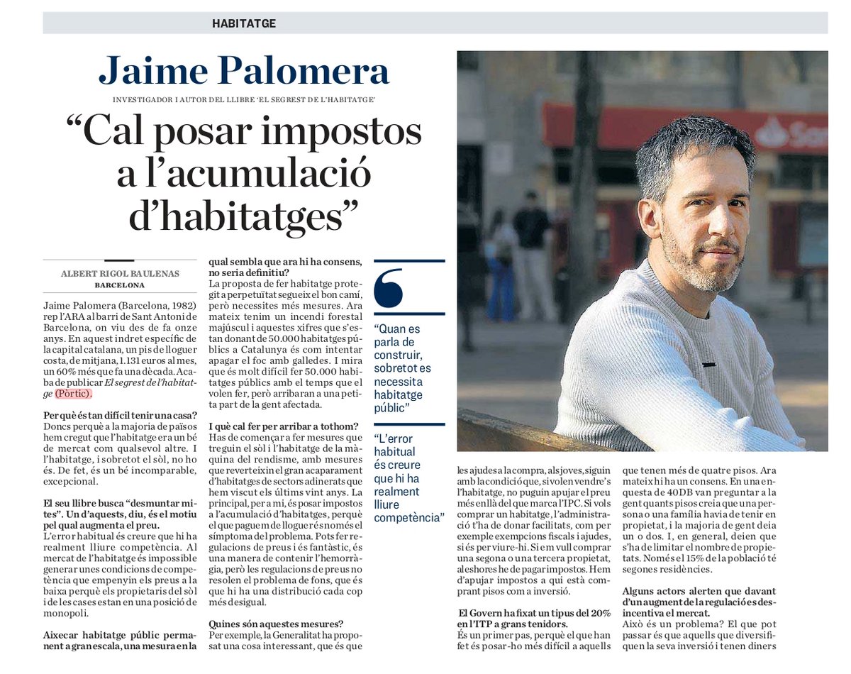 Ed_Portic's tweet image. 🏠«L’error habitual és creure que hi ha realment lliure competència.»

🗞 Al @diariARA entrevisten l’autor de ‘El segrest de l’habitatge’ de @JaimePalomera | @Grup62