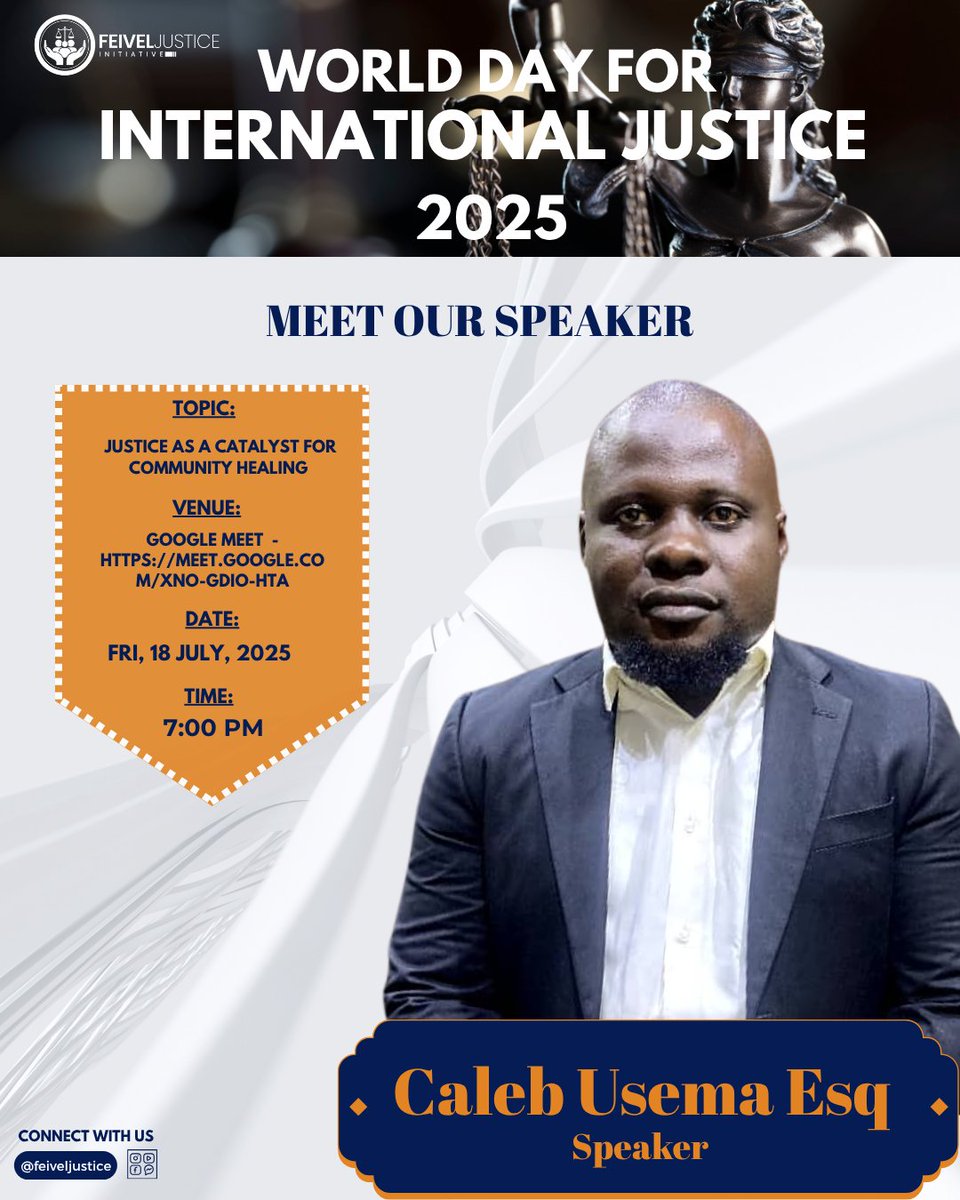 FeivelJustice's tweet photo. MEET OUR SPEAKER: World Day for International Justice 2025 – Day 1

We are honored to have Caleb Usema Esq, a seasoned legal practitioner with a deep passion for restorative justice and social impact, joining us for Day 1 of our webinar series. https://t.co/3QopsCJXKj