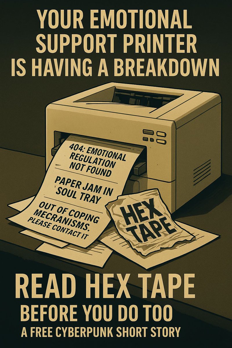 the_margret's tweet image. Coping strategies? Jammed.
Productivity? Misaligned.
Hope? Running low on toner.
Hex Tape is a free cyberpunk story for people who know their inner printer is three error codes from self-immolation.

🔗 BookHip.com/VKMCHCL

#hexcore #printerfail #sadtech #cyberpunkreads #404