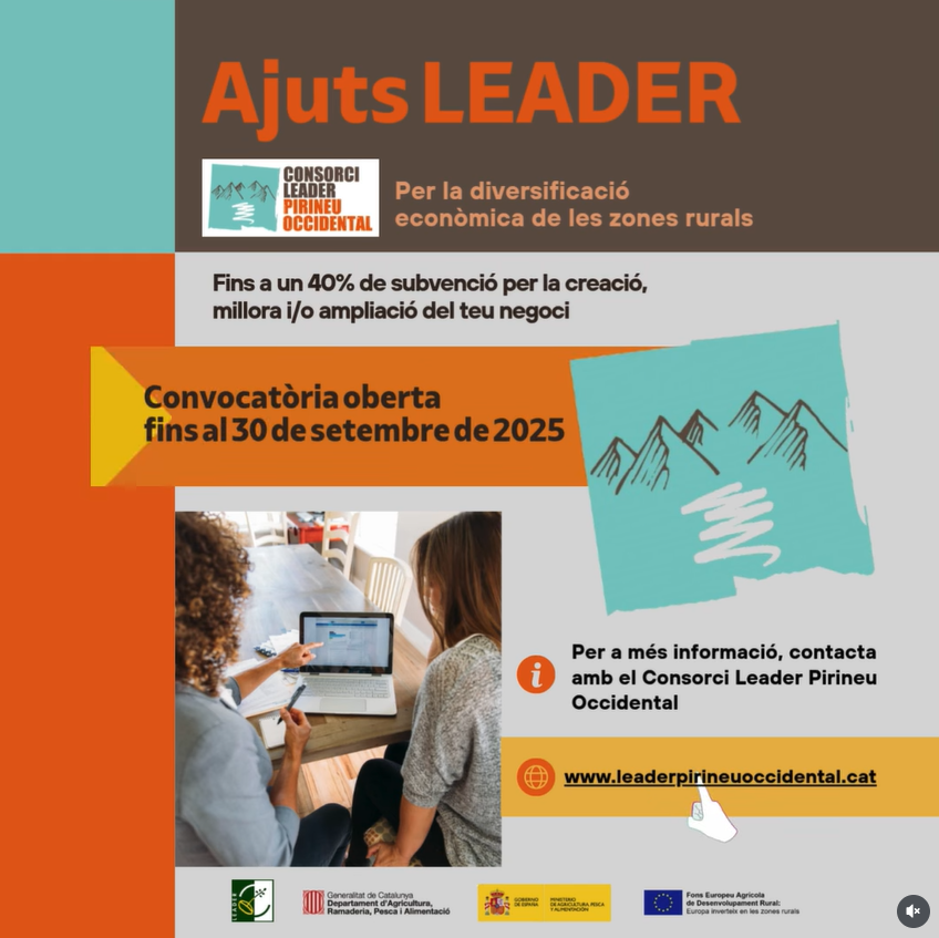 📢 OBERTA LA NOVA CONVOCATÒRIA DELS AJUTS LEADER 2025!

📝El termini de presentació de sol·licituds finalitza el 30 de setembre de 2025.

⏩ Els ajuts tenen com a objectiu fomentar la diversificació de les economies rurals i millorar-ne la qualitat de vida.