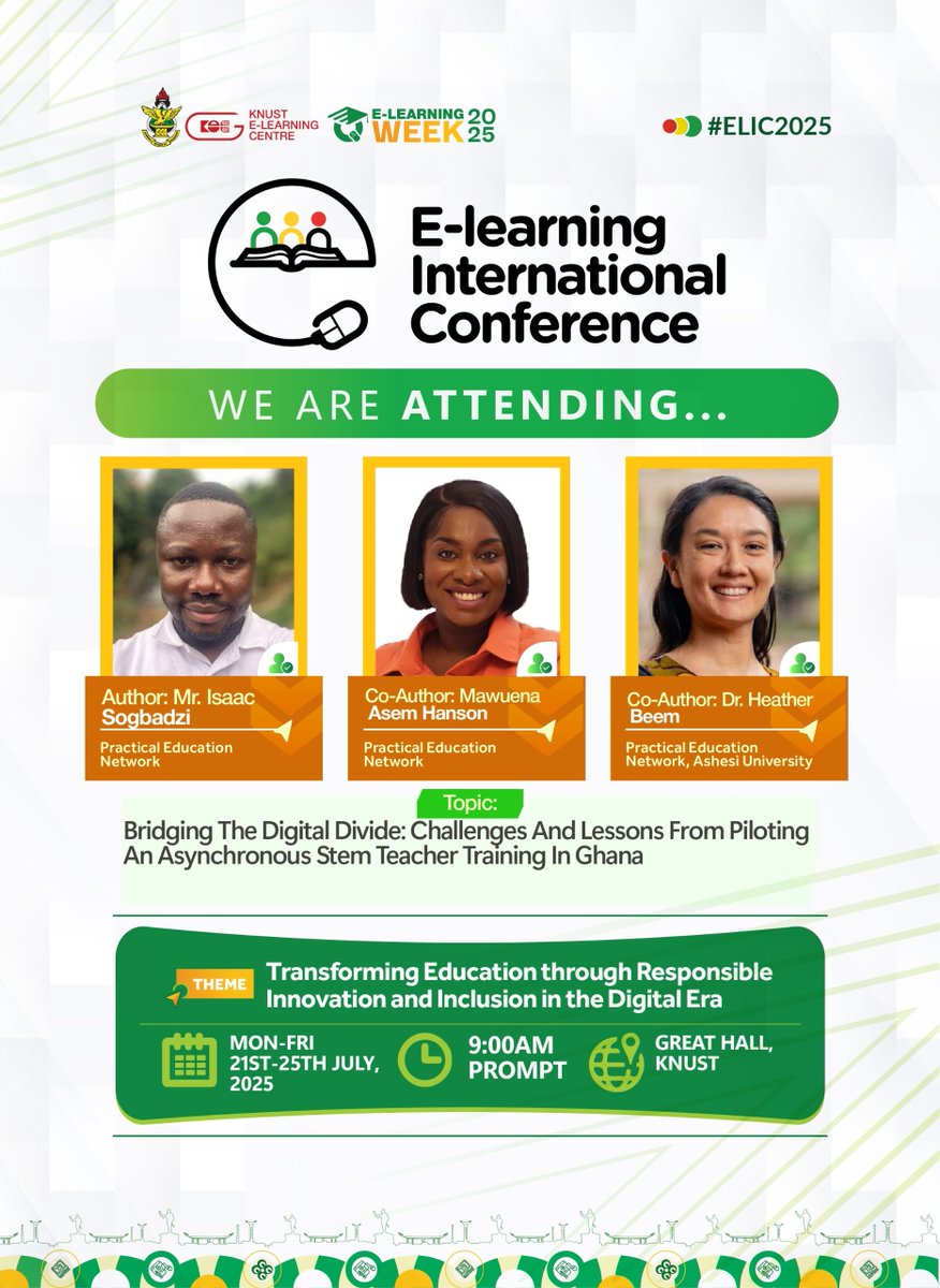 We’re thrilled to be part of this year’s E-Learning International Conference at KNUST on July 24–25!

PEN joins 500+ global delegates, from educators to policymakers, to explore the future of learning.

#ELearningWeek2025 #EducationInnovation #PENinAction #DigitalLearning