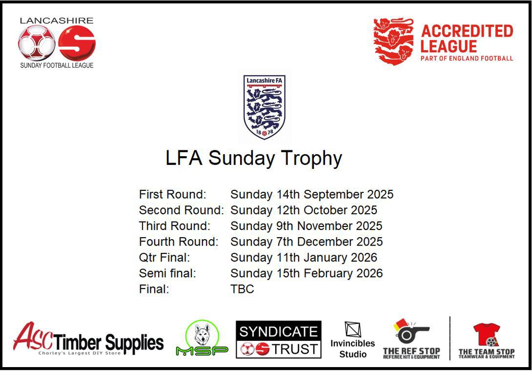IMPORTANT DATES:

Here are the provisional dates for the LFA Sunday Trophy 2025-2026 ⚽️🏆