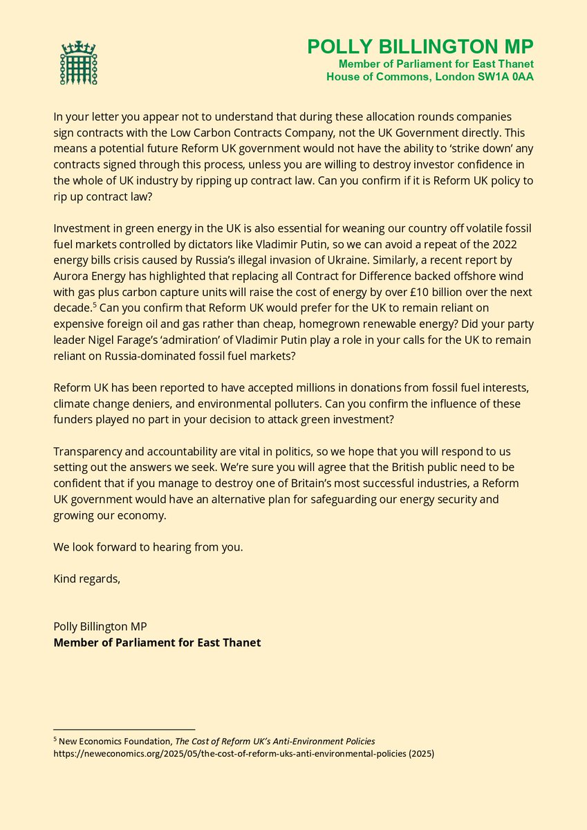 Reform UK can't just go around writing unhinged letters threatening investors with reprisals for growing our green economy and creating good, well-paid jobs. Here's my response and the questions they need to answer - signed by 58 Labour MPs.