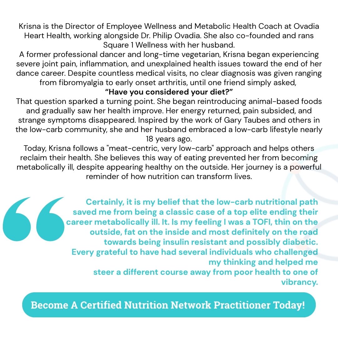 NutritionNetwrk's tweet image. Practitioner Spotlight: Krisna Hanks, MS, MBA, NNP
Krisna began her Nutrition Network training over 5 years ago, and her story is a powerful example of how nutrition can transform health. After more than two decades as a vegetarian, she transitioned to a “meat-centric, very…